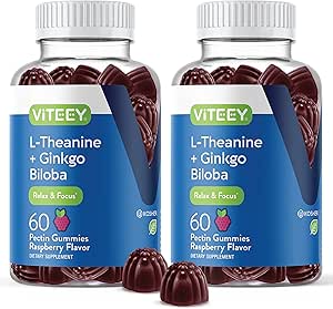 L-Theanine Gummies with Ginkgo Biloba for Adults - aids in Focus & Relax, Improve Mood - Non GMO, Gelatin Free, Vegan, Gluten Free, Naturally Sourced Chewable Tasty Raspberry Flavored Gummy