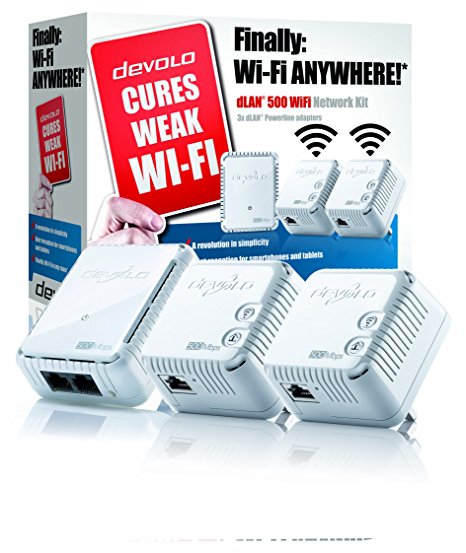 devolo dLAN 500 Wi-Fi Powerline Network Kit (500 Mbps, 3 x PLC Homeplug Adapter, 1 x LAN Port, WiFi Signal Booster, Wireless Range Extender, Wi-Fi Move, whole home wifi, Power Save) - White