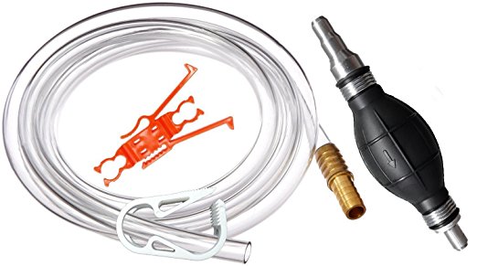 Plumber's Siphon Pro 9' - Universal Gas, Oil, Water - 1 Gl. Per Min. - W/ 9' of Hose & Custom Tip Fits Any Hose - Flow-Stop Clip, Hose hold Clip, Brass Weight / Hose Extender to Sink Hose