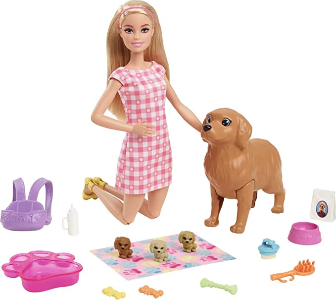 Barbie Doll and Newborn Pups Playset Doll (Blonde, 11.5 in) Mommy Dog with Birthing Feature, 3 Puppies & Nurturing Accessories, Gift for 3 to 7 Year Olds