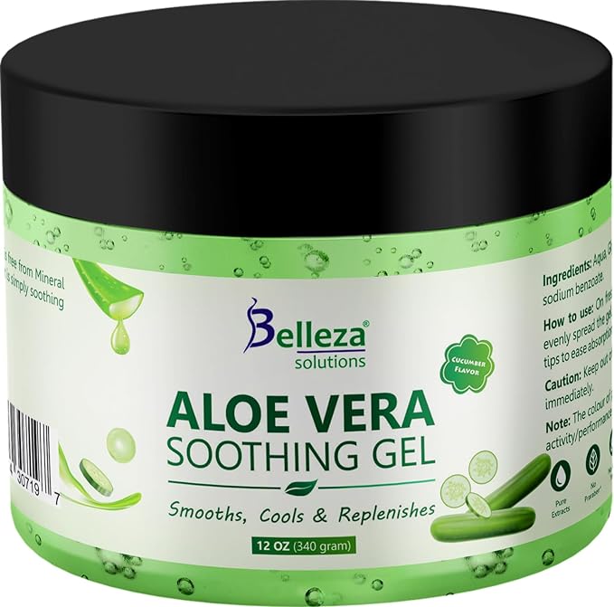 Belleza Solutions Aloe Vera Soothing Gel from freshly cut 100% Pure Aloe - Big 12oz - Vegan, Unscented - For Face, Skin, Hair, Sunburn relief (Cucumber)