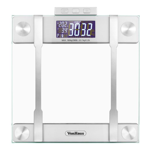 VonHaus Body Fat Scale - BMI Weight Scale with Body Composition Analyser Hydration Monitor 400lb Weight Capacity SilverGlass Bathroom Weight Scales