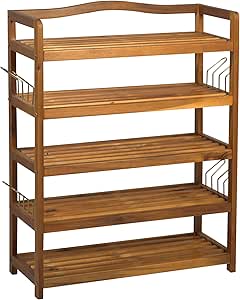 HOMCOM 5-Tier Shoe Rack, Acacia Wooden Shoe Storage Organiser with 4 Hangers, Holds up to 24 Pairs, for Entryway, Living Room, 64 x 26 x 82 cm, Teak