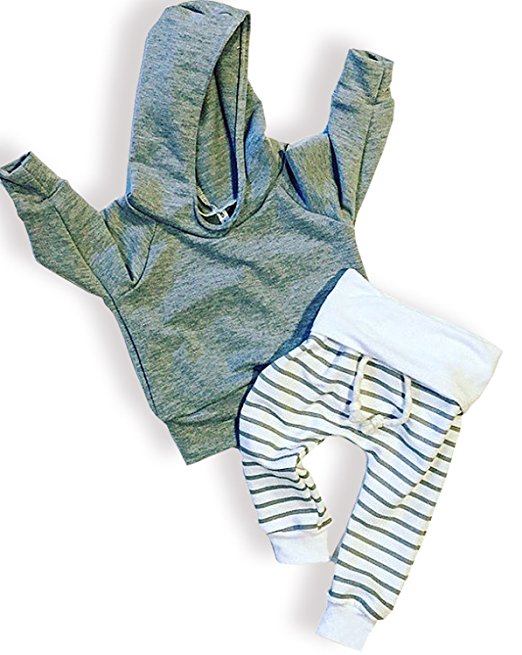 Newborn Baby Boys Girls Grey Hoodie Sweatshirt Top   Striped Pants Outfits Set Toddling Around Clothes