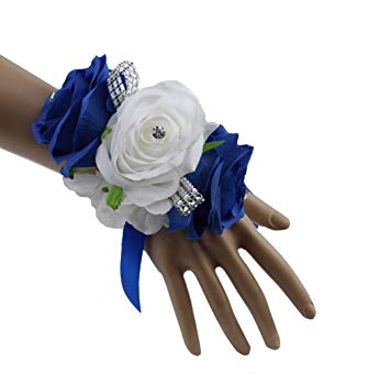 Royal Blue, White, and Silver Grey Artificial Wrist Corsage for Prom, Party, Wedding