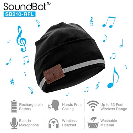 SoundBot SB210-RFL HD Stereo Bluetooth 4.1 Wireless Smart Reflective Spandex Beanie Headset Musical Knit Headphone Speaker Hat Speakerphone Cap (Reflective Black)