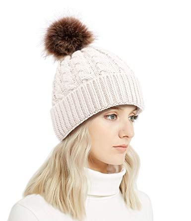 Lullaby Winter Rib-Knit Beanie Chunky Baggy Hat for Women Snow Cable Knit Skull Ski Cap with Faux Fur Pompom