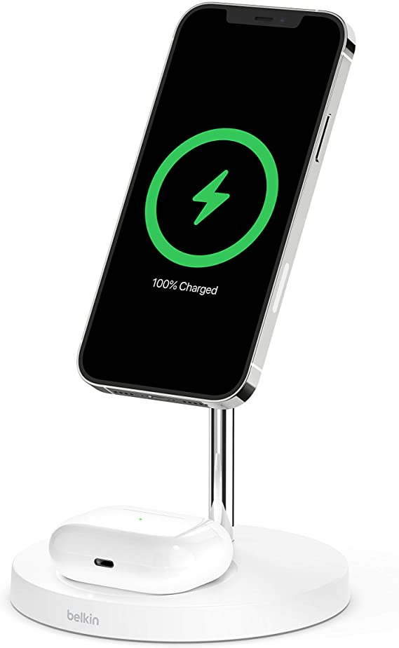 Belkin MagSafe 2-in-1 Wireless Charger, 15W Fast Charging iPhone Charger Stand for iPhone 12, 12 Pro, 12 Pro Max, 12 Mini, AirPods