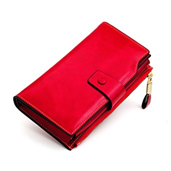 Women's Large Capacity Luxury Genuine Leather Wallet Clutch with Zipper Pocket