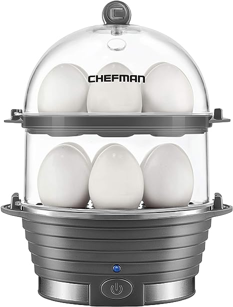 Chefman Electric Egg Cooker Boiler, Rapid Egg-Maker & Poacher, Food & Vegetable Steamer, Quickly Makes Up To 12, Hard or Soft Boiled, Poaching and Omelet Trays Included, Ready Signal, BPA-Free, Grey