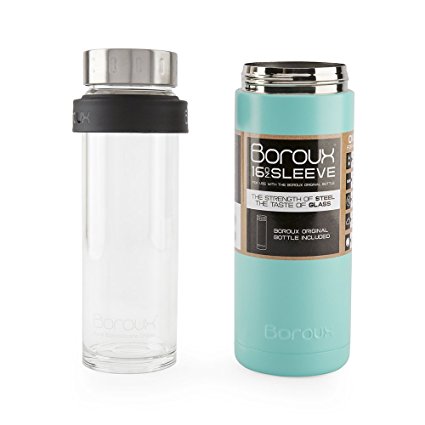Boroux SLEEVE-Insulated Thermos Water Bottle .5 LITER. Handmade Pure Borosilicate Glass Water Bottle with DOUBLE WALLED STAINLESS STEEL VACUUM SEALED PROTECTION. No Slip Grip Technology-Seafoam Green