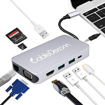 CableDeconn Multiport Thunderbolt 3 USB C Dock Hub Type C Adapter HDMI 4K VGA Gigabit Ethernet RJ45,3.5mm Audio Output, 3 USB 3.0, SD/TF Card Reader PD Charge MacBook Pro 2017