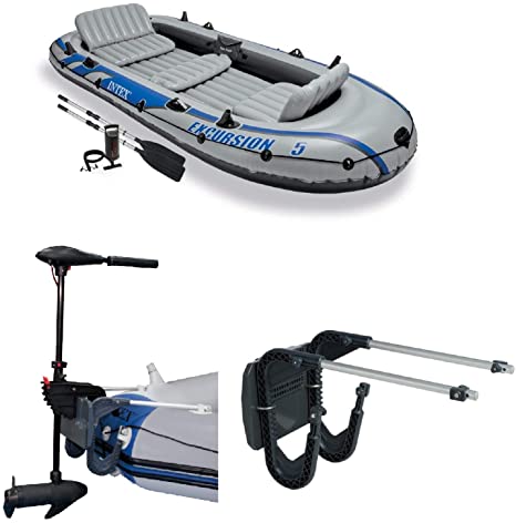 Intex 5 Person Inflatable Fishing Boat, Trolling Motor, & Boat Motor Mount Kit