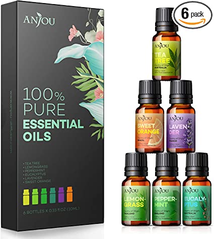 Anjou Essential Oils Set 6-Pack Gift Set Therapeutic Grade 10ml 100% Pure Natural for Aromatherapy Diffuser Skin Care Massage Home Fragrance