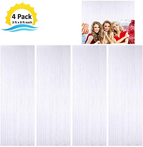 Moohome 4 Pack 3ft x 8ft White Foil Fringe Curtains Backdrop Door Window Curtain Party Decoration (4-Pack, White)