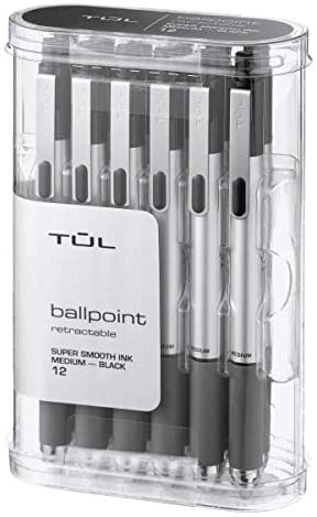 TUL BP3 Retractable Ballpoint Pens, Medium Point, 1.0 mm, Silver Barrel, Black Ink, Pack of 12 Pens