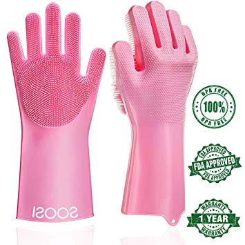 Magic Silicone Dishwashing Gloves with Scrubber, SOOSI Scrubbing Cleaning-Dish Wash Reusable Sponge Rubber Gloves for Dishes Heat Resistant Kitchen Tool for Household,Dish Washing,Washing Car