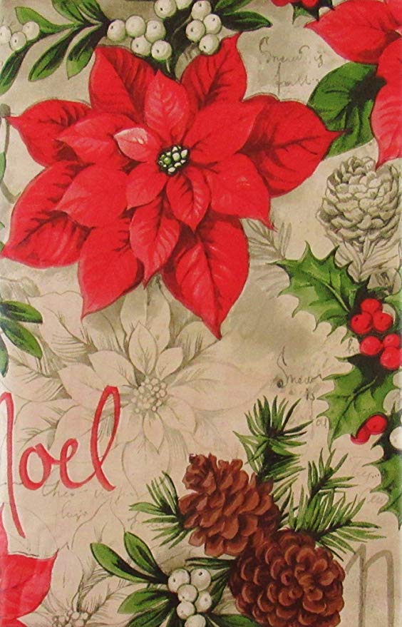 Noel Poinsettias, Christmas Holly, Mistletoe Pine Cones Vinyl Flannel Back Tablecloth (60" x 84" Oblong)