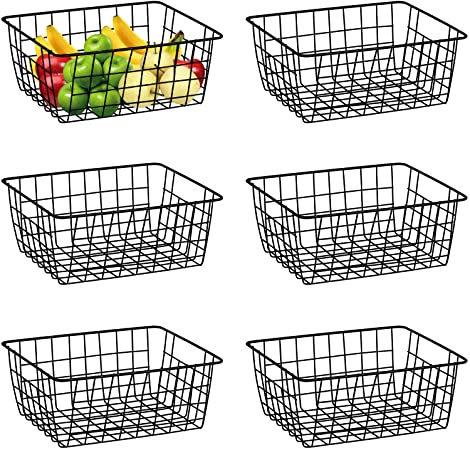 Wire Basket, Dveda 6 Pack 11.02" x 8.7" x 4.7" Durable Metal Storage Basket, Black Wire Basket with Handles for Cabinets, Pantry Storage, Bathroom, Shelf Organizing