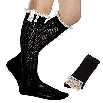 Lace Boot Socks Knee High Socks Ruffled Lace Trim & Buttons Leg Warmers for Boots