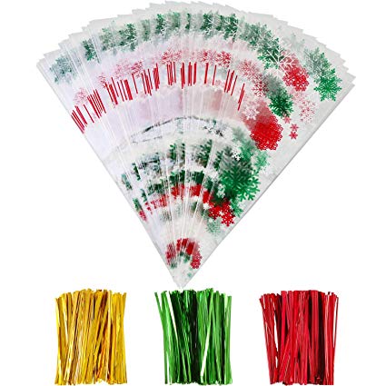 Boao 100 Pieces Christmas Cone Bags Snowflake Treat Bags Goodies Clear Cellophane Bags with 150 Pieces Twist Ties for Christmas Candy Cookie Storage, 6.4 x 15.2 Inches