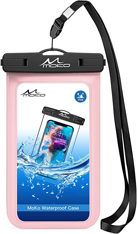 MoKo Waterproof Phone Pouch Holder, Underwater Cellphone Case Dry Bag with Lanyard Armband Compatible with iPhone 14 13 12 11 Pro Max X/Xr/Xs Max/SE 3, Samsung S21/S20/S10/S9, Pearly Pink