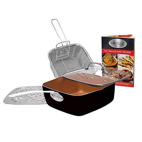 Gotham Steel Titanium Ceramic 9.5” Non-Stick Copper Deep Square Frying & Cooking Pan With Lid, Frying Basket, Steamer Tray, 4 Piece Set - Black