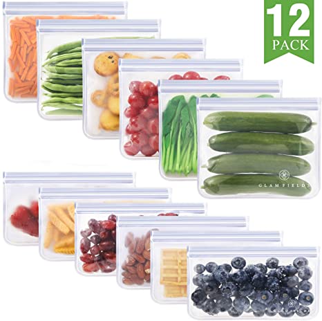 GLAMFIELDS Reusable Food Storage Bags - 12 Pack Leakproof Freezer Ziplock Bags(6 Reusable Sandwich Bags & 6 Reusable Snack Bags) Food Grade PEVA Lunch Bags