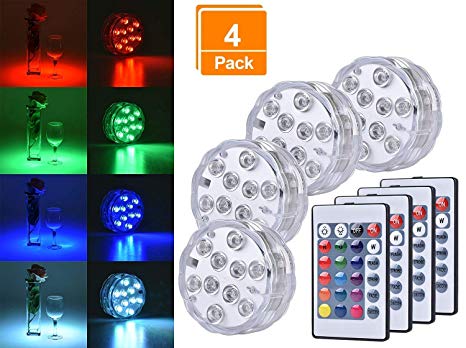 Browill [4 Pack Submersible LED Lights, 10 RGB LEDs 16 Colors Waterproof Underwater Lights with 4 Remote Control for Aquarium Vase Base Pond Pool Garden Home Party Wedding Christmas Decoration