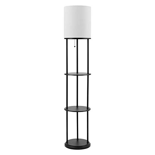 Globe Electric 67042 Reid 57.5" Shelf Floor Lamp, Matte Black, White Linen Shade, Built-In Shelving Units