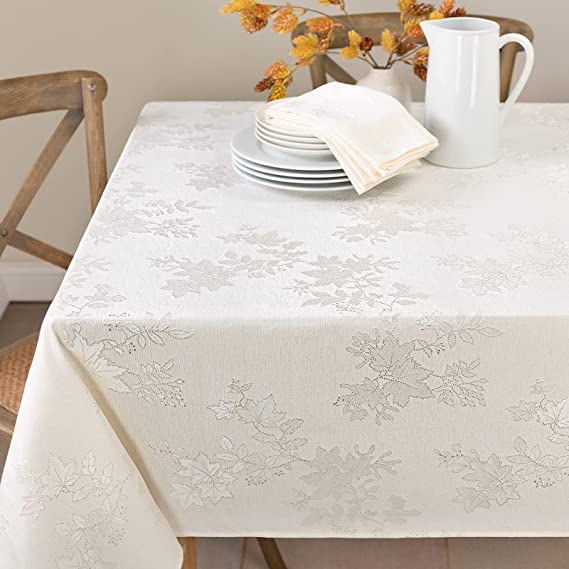 Benson Mills Tablecloth, Countryside Leaves Damask Fabric Table Cloth for Fall, Harvest & Thanksgiving (Ivory, 60" x 104" Rectangular)