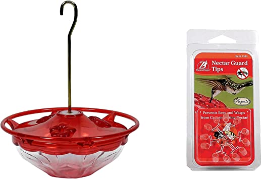 Aspects 433 HummBlossom Hummingbird Feeder, 4 oz, Rose (1 Pack) Bundle with Nectar Guard Tips (1 Pack)