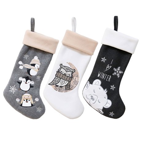 BambooMN - 18" Hand-embroidered Sequined Cute Animal Christmas Stockings, Assortment 96, 3pcs Set