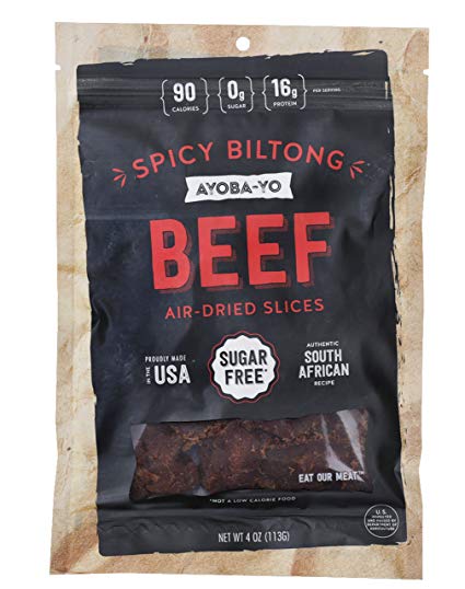 Ayoba-Yo Spicy Biltong. Air Dried Beef Slices. Better than Jerky. Sugar Free. Gluten Free. 4 Ounce