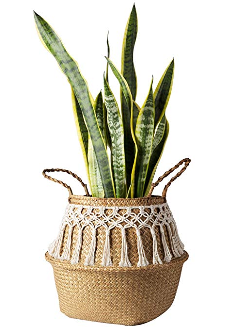 Mkono Seagrass Belly Basket Plant Pot Cover Laundry Storage Toy Organizer with Macrame Wrap, L