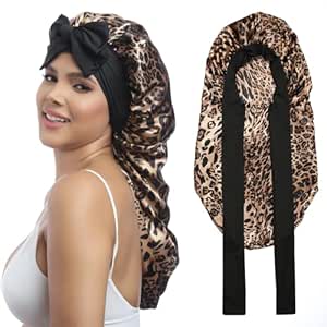 AWAYTR Long Satin Bonnet for Braids - Elastic Silk Hair Bonnets for Sleeping Night Cap Stretchy Tie Band for Women（Leopard）