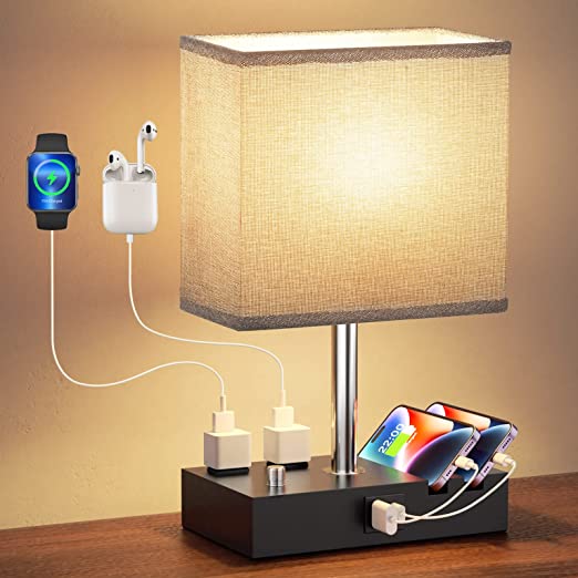 Kakanuo Fully Dimmable Nightstand Lamp for Bedroom with USB C Ports, Grey Small USB Bedside Table Lamp with Charging Outlets and Phone Stands, Wooden Desk Lamp for Living Room, LED Bulb Included
