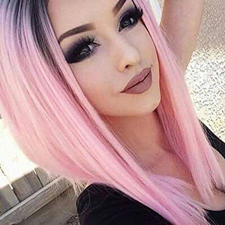 AISI HAIR Ombre Pink Bob Wigs Straight Short Length Wigs for Women Middle Part Wigs Dark Roots Heat Resistant Synthetic Wigs