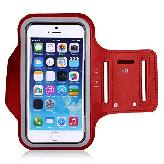 Tribe Water Resistant Sports Armband with Key Holder for iPhone 6 Plus, 6S Plus (5.5-Inch), Galaxy S6/S5, Note 4, Google Pixel Bundle with Screen Protector - Red