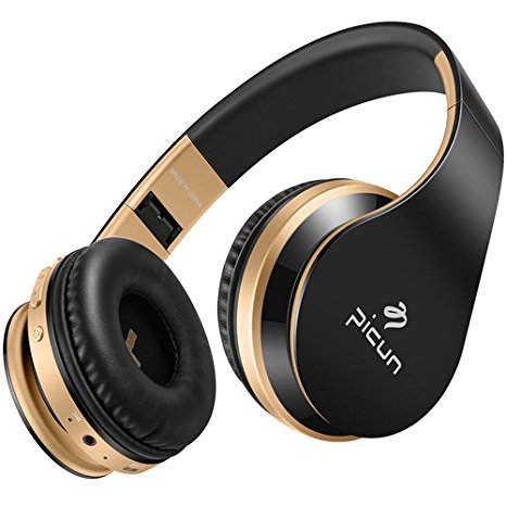 Wireless Headphones Bluetooth Headphone with Mic Hifi Stereo Bass Foldable Lightweight Headset for Computer Cell Phones TV Tablet Laptop, Volume Control TF Card Wired Mode, Picun - Black Gold