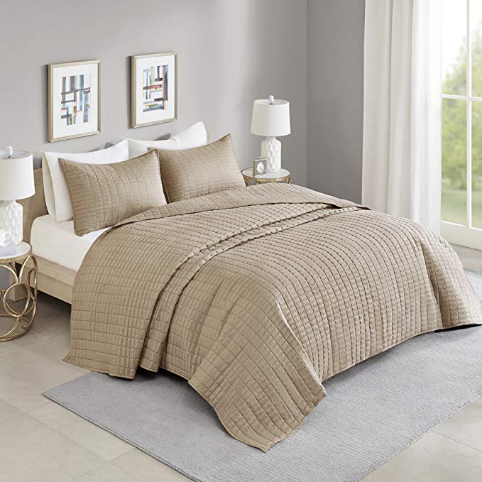 Bedspreads Queen Overize Quilt Set - Casual Kienna 3 Piece Lightweight Filling Bedding Cover - Taupe Stitched Quilt Pattern - All Season Hypoallergenic - Oversized Queen Coverlet 108"W x 118"L