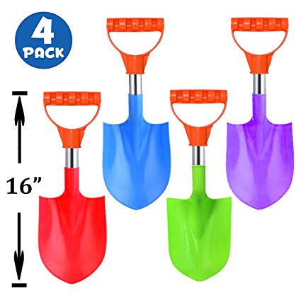 16-Inch Heavy Duty Stainless Steel Kids Mini Beach Diggers Sand Scoop Shovels with Plastic Spade and Handle for Summer Outdoors Party Bundle - 4 Pack
