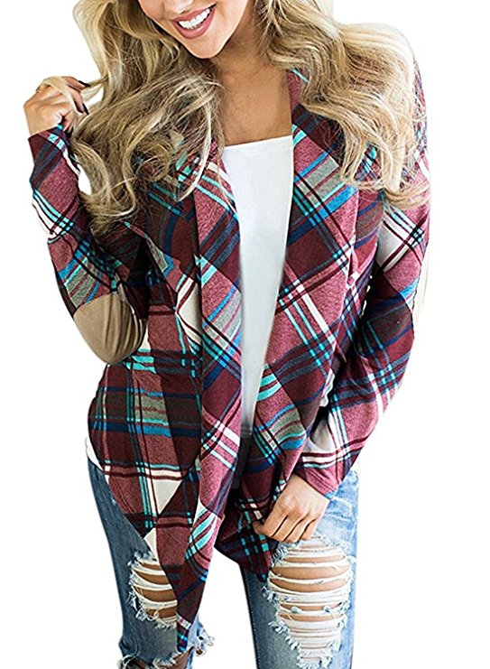 Pxmoda Women's Long Sleeve Elbow Patch Plaid Cardigans Casual Kimono Coverup Outwear