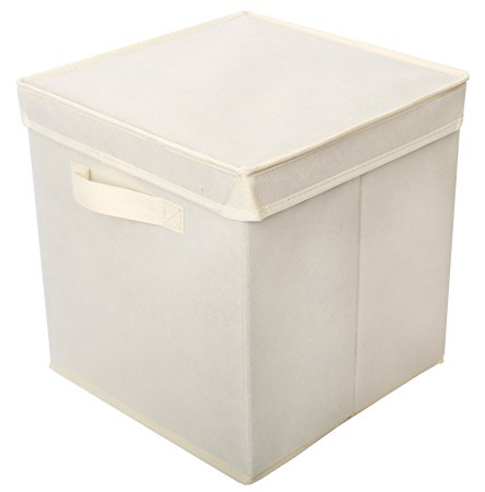 Storage Cube Basket Bin with Lid | Eco-Friendly Fabric & Foldable | Non-woven Organizer Container Box & Closet Drawer | Best for books, shoes, clothing, CDs/DVDs, toys, magazines etc. | 1-Pack, Beige