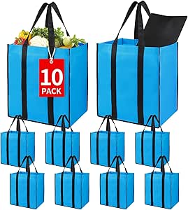 Bodaon 10Pk Collapsible Kitchen Reusable Grocery Bags with Plastic Bottom, the Utility Tote Bag Bulk, Large Folding/Foldable Reusable Shopping Cart for Groceries, Storage Totes Heavy Duty (Blue)