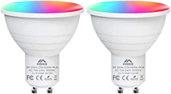 MoKo Smart WiFi LED Light Bulb, 2PACK 5W GU10 Dimmable Bulb RGB   Cool Light   Warm Light Work with Alexa Echo,Google Home, Voice/APP Control, Timer, No Hub Only Supports 2.4GHz Network, White