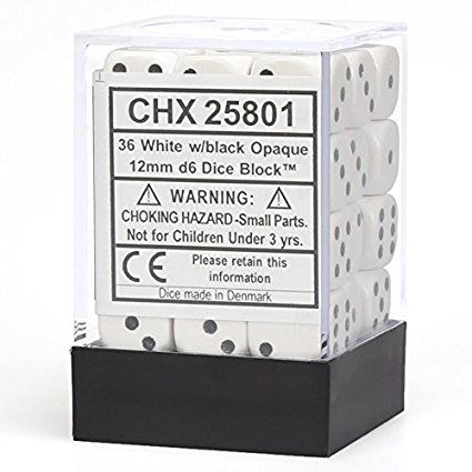 Chessex Opaque 12mm d6 White w/Black Dice Block 36 Dice