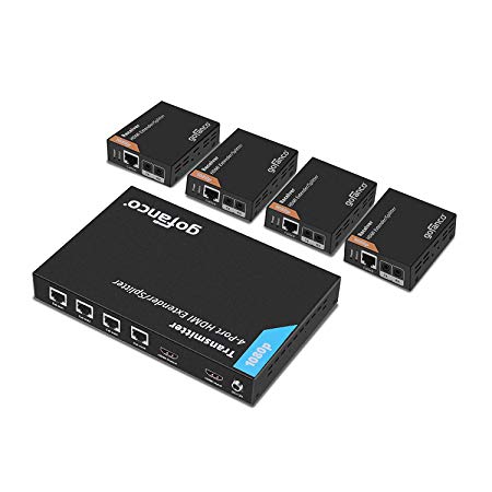 gofanco Prophecy 1080p 1x4 4 port HDMI Extender Splitter over CAT5e/CAT6/CAT7 Ethernet cable with an HDMI Loopout & Bi-directional IR remote control (1 in 4 out) - Up to 50m (165ft)