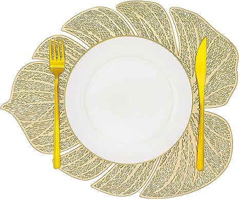 Gold Leaf Placemats Set of 12 Vinyl Place mats Tropical Leaves Tablemats Table Setting Kitchen Table Mats for Dining Table Holiday Wedding Decorative