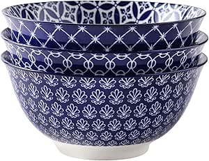 DOWAN Serving Bowls, Ceramic Large Salad Bowls Set, 8 inch 50oz Soup Bowls Set of 3 for Pho, Ramen, Pasta, Stackable and Microwave Safe, Home Kitchen Gift, Vintage Blue